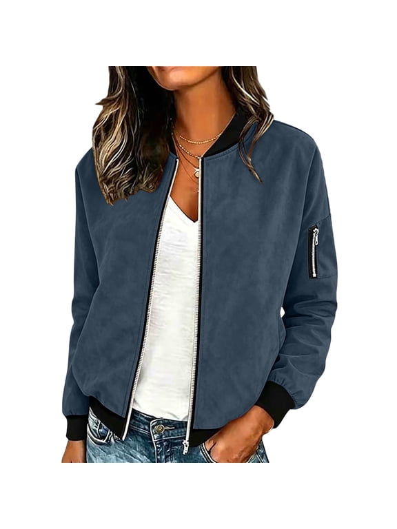 Women Rib Cuff Stand Collar Faux Suede Bomber Jacket Full Zip Side Zipper Pocket Cropped Casual Street Outerwear Blue S
