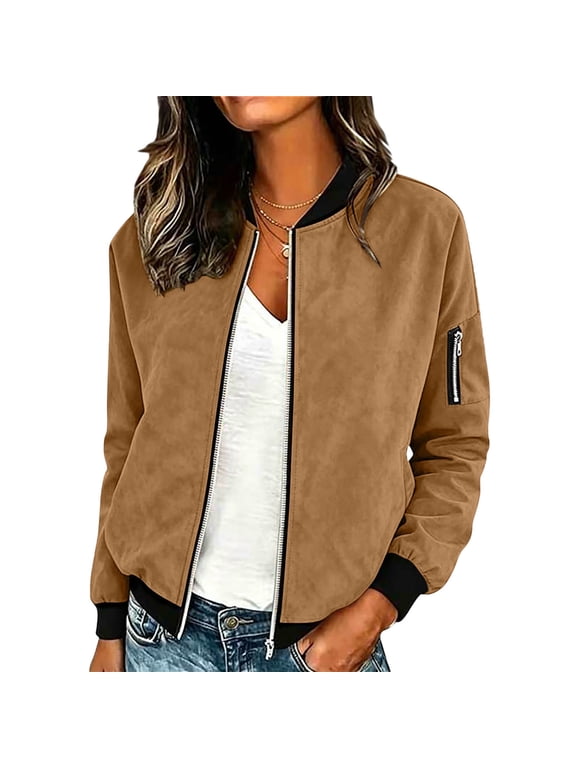 Women Rib Cuff Stand Collar Faux Suede Bomber Jacket Full Zip Side Zipper Pocket Cropped Casual Street Outerwear Brown XXL