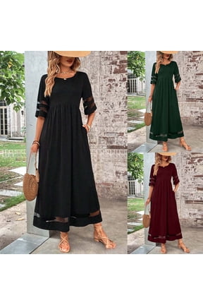 Women Round Neck 3/4 Sleeve Mesh Insert Casual Solid Color Loose Maxi Dress With Pockets Green L