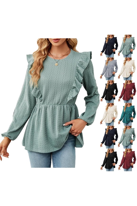 Women Round Neck Ruffle Shoulder Puff Long Sleeve Textured Peplum Tunic Top Elastic Cuff Loose Feminine Dating Weekend Casual Blouses Green L