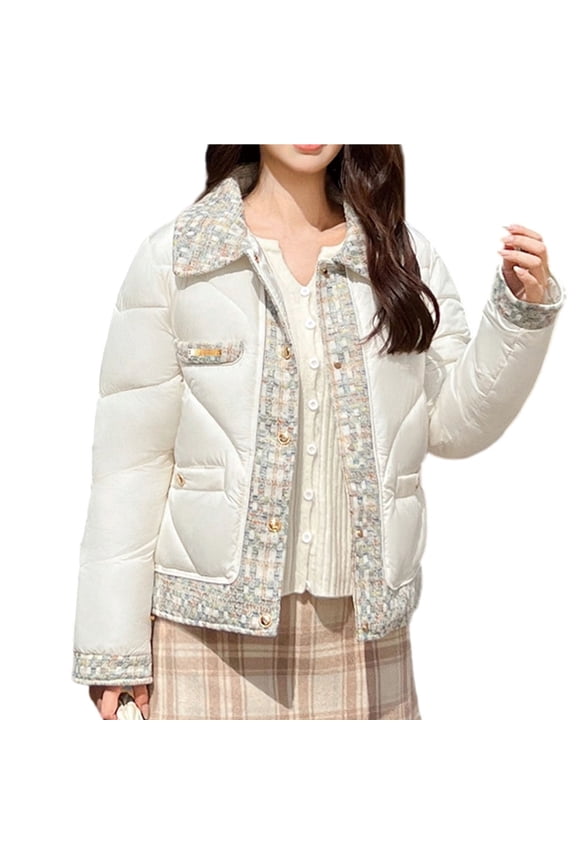 Women’S Tweed Patchwork Short Parka Vintage Quilted Jacket Metal Button Elegant Winter Coat White L