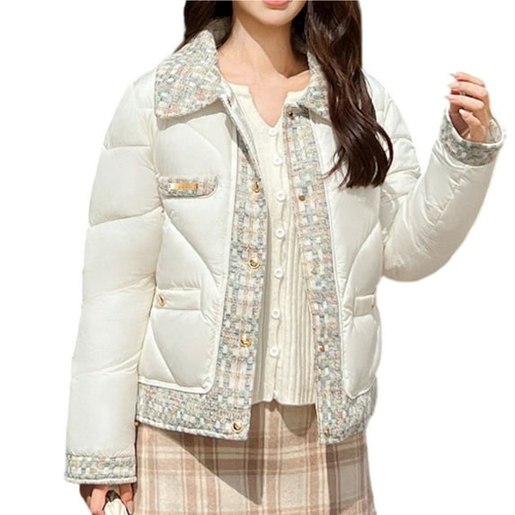 Sexlip Women’S Tweed Patchwork Short Parka Vintage Quilted Jacket Metal Button Elegant Winter Coat White XXL