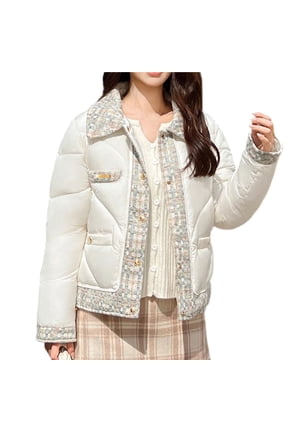 Women’S Tweed Patchwork Short Parka Vintage Quilted Jacket Metal Button Elegant Winter Coat White XXL
