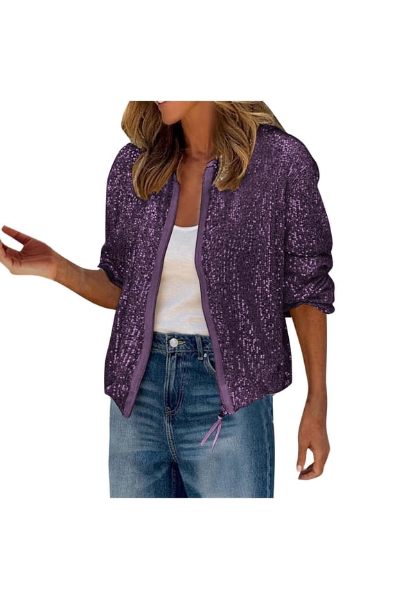 Women Sequin Cropped Jacket Round Neck Full Zip Front Drawstring Hem Three Quarter Sleeve Sparkly Glam Night Out Club Party Outer Coat Purple XL