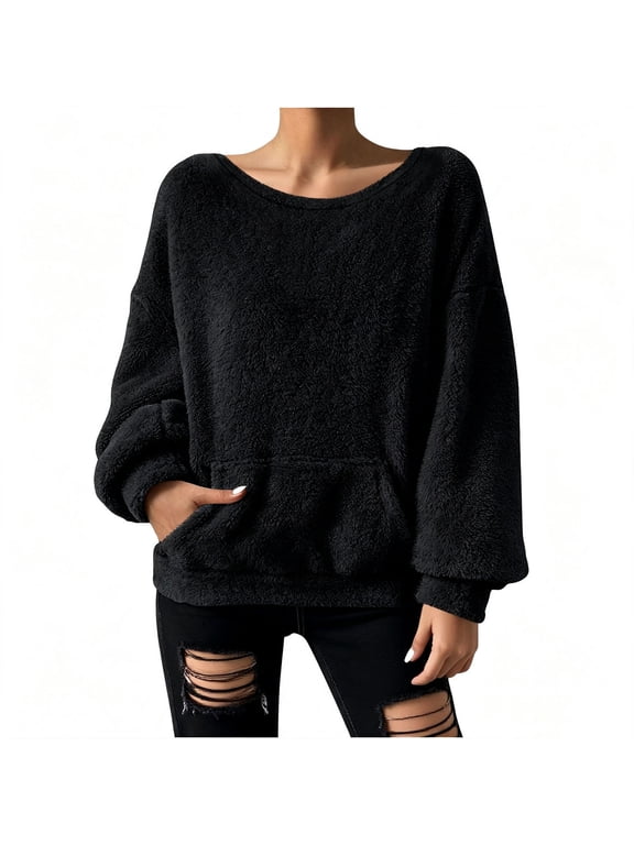 Women Off Shoulder Fuzzy Sweatshirt Long Sleeve Oversized Pullover Top With Kangaroo Pocket Soft Fluffy Plush Fabric Relaxed Loose Fit For Cold Weather Casual Daily Lounge Wear Black L