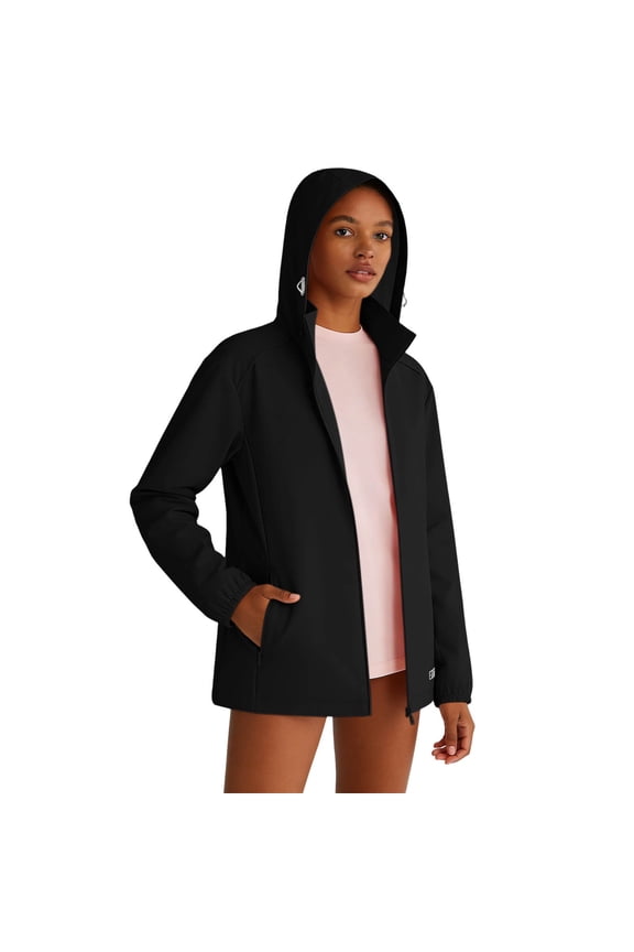 Women Soft Shell Rain Jacket Drawstring Hood Elastic Cuff Mid Length Water Wind Resistant Full Zip Snap Placket Outdoor Commute Hiking Outer Coat Black M