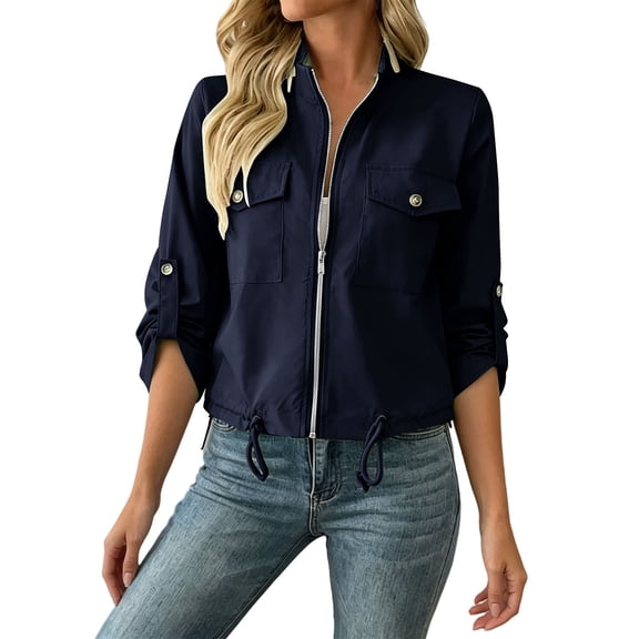Sexlip Women Stand Collar Utility Cargo Jacket Full Zip Dual Chest Snap Pockets Drawstring Hem Convertible Roll Long Sleeve Cropped Outdoor Casual Outer Coat Blue XL