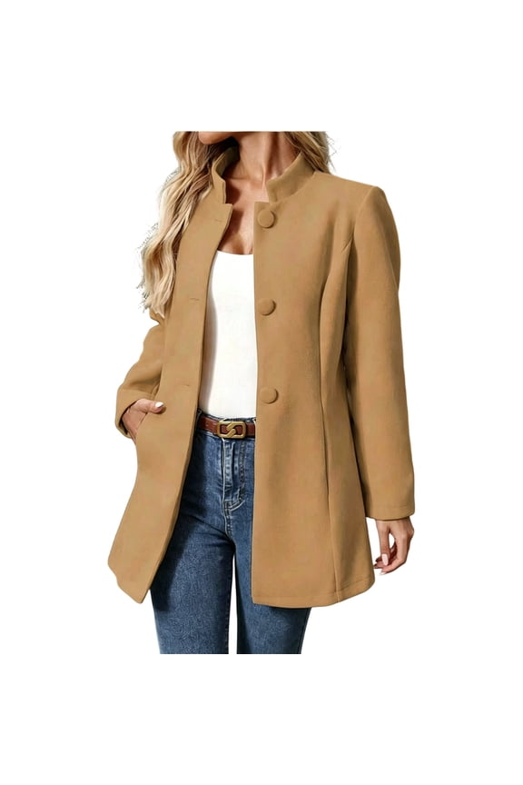 Women Stand Collar Wool Blend Coat Mid Length Large Single Button Front Slim Tailored Long Sleeve Warm Fall Winter Layering Outer Jacket With Side Hand Pockets Yellow XXL