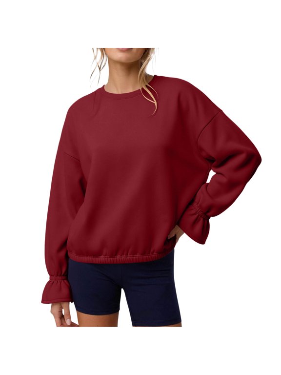 Women Sweatshirt Crew Neck Long Sleeve Pullover With Ruffle Flare Cuffs Elastic Hem Loose Fit Soft Casual Top For Lounging Weekend And Daily Errands Red L