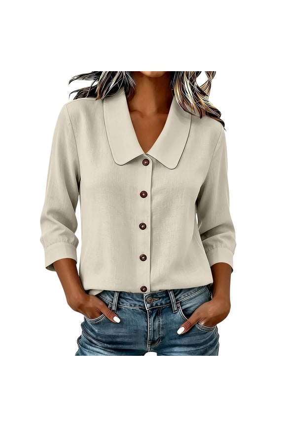 Women Textured Linen Shirt Jacket Peter Pan Collar Three Quarter Puff Sleeve Single Wood Button Loose Fit Wrinkle Resistant Office Casual Layering Outer Coat Beige M