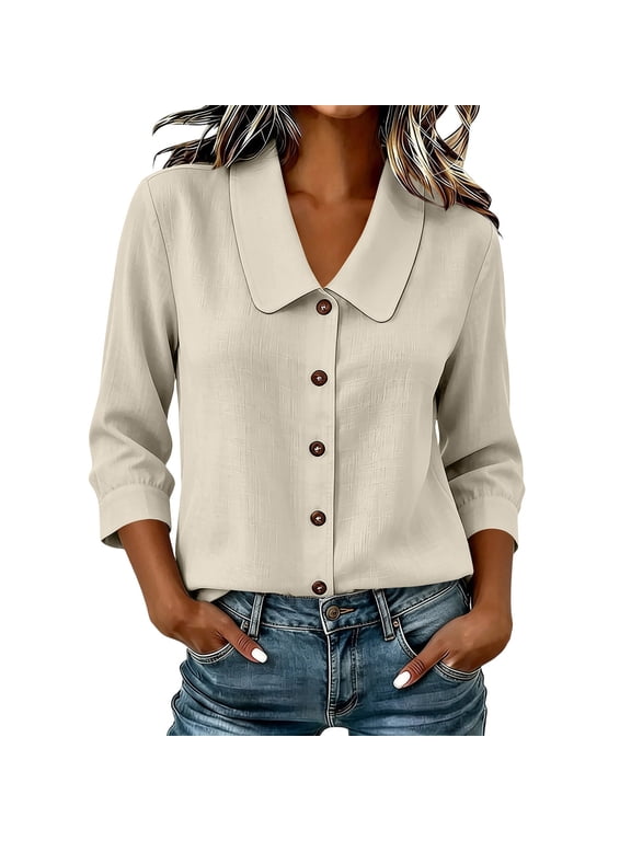 Women Textured Linen Shirt Jacket Peter Pan Collar Three Quarter Puff Sleeve Single Wood Button Loose Fit Wrinkle Resistant Office Casual Layering Outer Coat Beige M