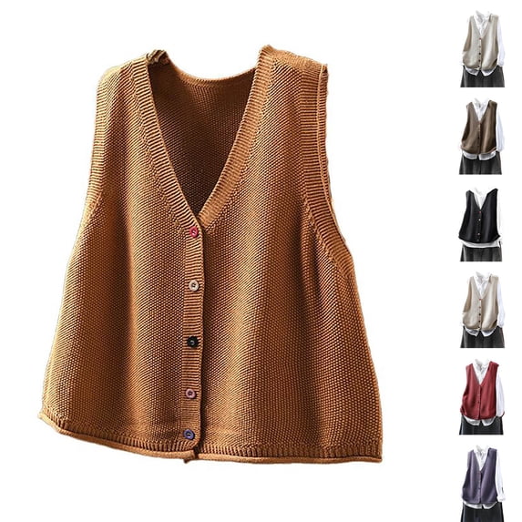 Sexlip Women V Neck Knit Vest Sleeveless Colorful Button Front Loose Fit Thick Knit Cardigan Waistcoat Casual Transitional Layering Outerwear Beige Free Size