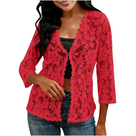 Sexlip Women V Neck Scalloped Trim Lace Cardigan Three Quarter Sleeve Mid Length All Over Floral Hollow Open Front Breathable Daily Casual Layering Jacket Red XL