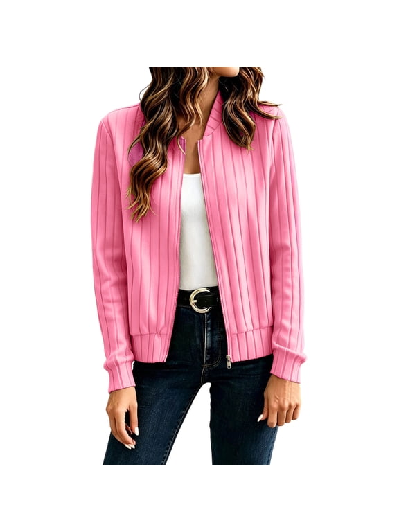 Women Vertical Rib Knit Zip Up Jacket Stand Collar Cropped Long Sleeve Slim Fit Stretch Fabric Casual Daily Layering Baseball Outer Coat Pink L