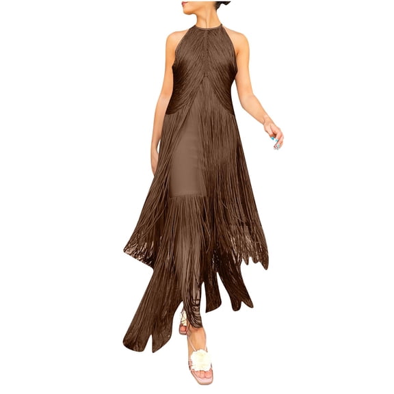 Sexlip Women Vintage Flapper Dresses 1920s Great Gatsby Halter Fringed Maxi Dress Tassels High Split Formal Dress Brown M