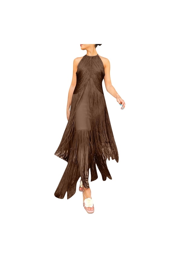 Women Vintage Flapper Dresses 1920s Great Gatsby Halter Fringed Maxi Dress Tassels High Split Formal Dress Brown M