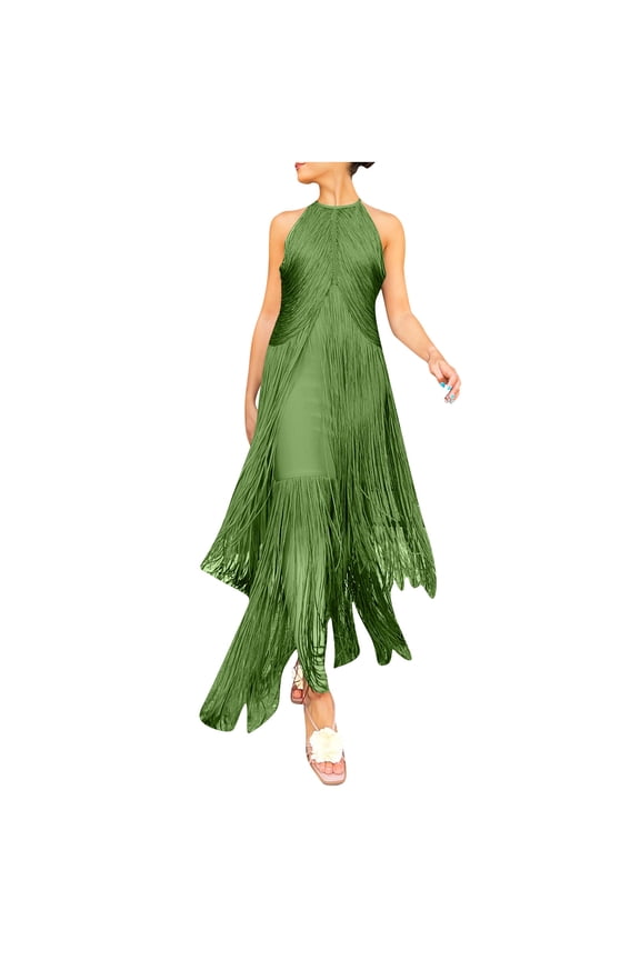 Women Vintage Flapper Dresses 1920s Great Gatsby Halter Fringed Maxi Dress Tassels High Split Formal Dress Green XL