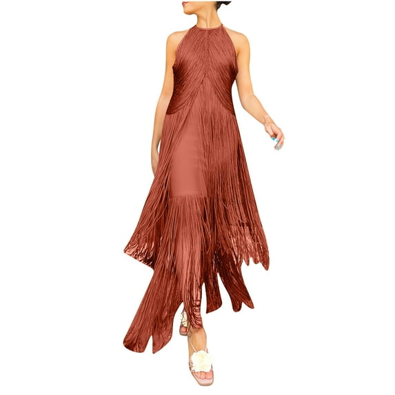 Sexlip Women Vintage Flapper Dresses 1920s Great Gatsby Halter Fringed Maxi Dress Tassels High Split Formal Dress Red L