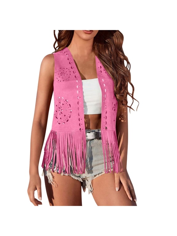 Women Western Tassels Vest Tops 70s Hippie Faux Suede Fringe Vests Jacket Cardigan Open Front Rodeo Cowgirl Shirt Pink L