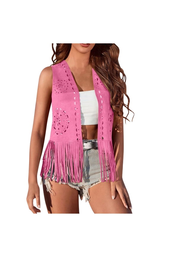 Women Western Tassels Vest Tops 70s Hippie Faux Suede Fringe Vests Jacket Cardigan Open Front Rodeo Cowgirl Shirt Pink S