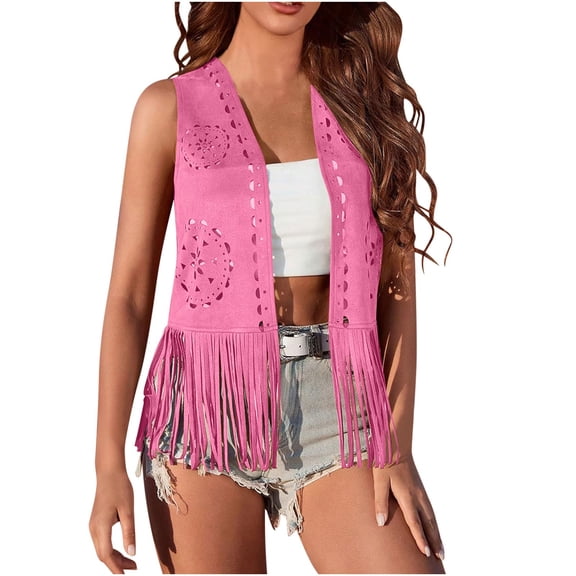 Sexlip Women Western Tassels Vest Tops 70s Hippie Faux Suede Fringe Vests Jacket Cardigan Open Front Rodeo Cowgirl Shirt Pink XL