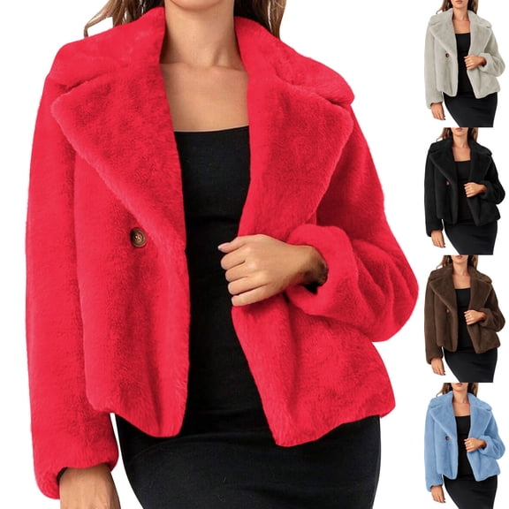 Sexlip Women Winter Fluffy Cropped Jacket Warm Faux Fur Coat One Button Notched Collar Cardigan Long Sleeve Shaggy Outerwear Beige L