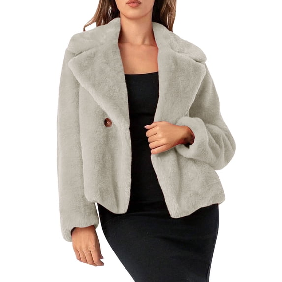 Sexlip Women Winter Fluffy Cropped Jacket Warm Faux Fur Coat One Button Notched Collar Cardigan Long Sleeve Shaggy Outerwear Beige M