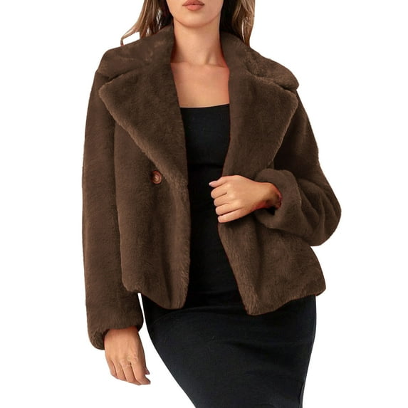 Sexlip Women Winter Fluffy Cropped Jacket Warm Faux Fur Coat One Button Notched Collar Cardigan Long Sleeve Shaggy Outerwear Brown L