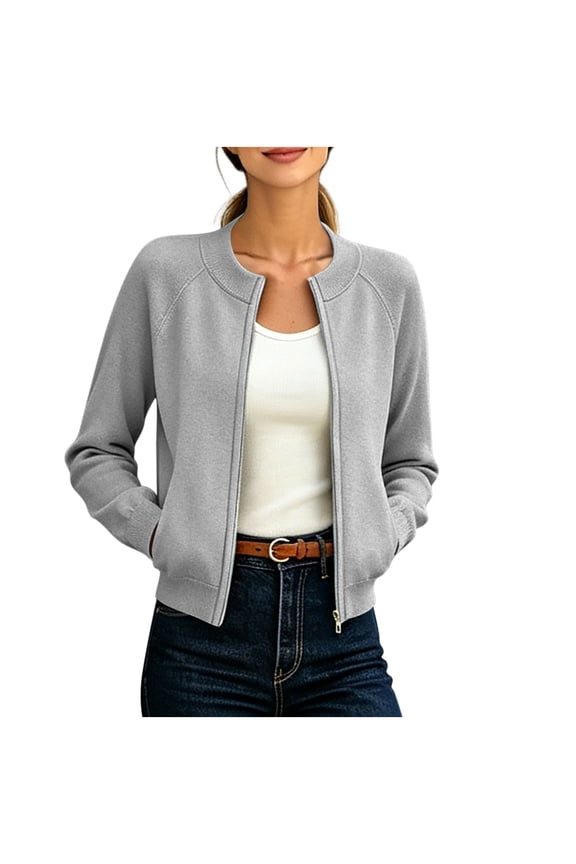 Women Zip Up Knit Bomber Jacket Crew Neck Raglan Sleeve Side Hand Pockets Rib Cuff Hem Lightweight Relaxed Daily Casual Outerwear Gray S