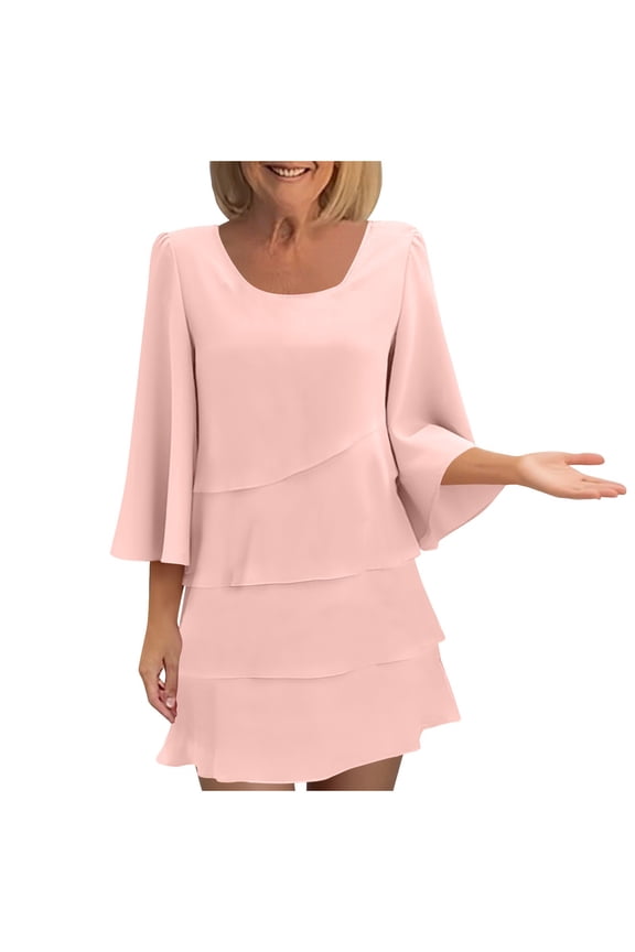 Women's 3/4 Sleeve Layered Dress Round Neck Party Chiffon Mini Dress Fall Solid Color Elegant Outfits Pink XXL