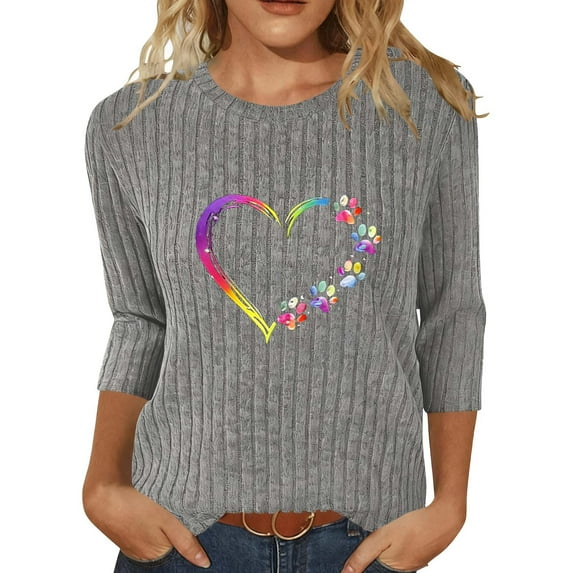 Sexlip Women's 3/4 Sleeve Ribbed Knit T-Shirts Crewneck Pullover Loose Blouse Heart Print Workout Casual Tee Tops Gray L