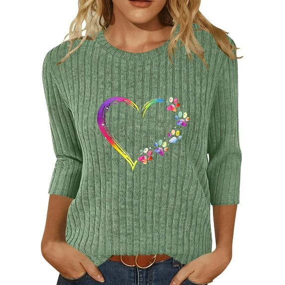 Sexlip Women's 3/4 Sleeve Ribbed Knit T-Shirts Crewneck Pullover Loose Blouse Heart Print Workout Casual Tee Tops Green S