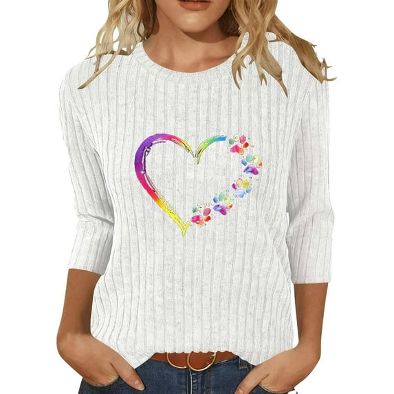 Sexlip Women's 3/4 Sleeve Ribbed Knit T-Shirts Crewneck Pullover Loose Blouse Heart Print Workout Casual Tee Tops White XL
