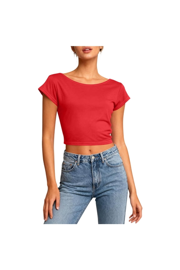 Women's Backless Twist Knot T Shirt Oversized Solid Short Sleeve Tees Open Back Asymmetrical Hem Casual Tops Red S