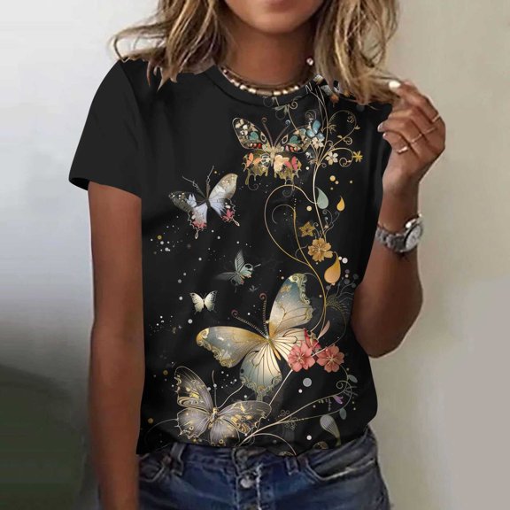 Sexlip Women's Black Butterfly Printed Short Sleeve Top Stylish Design Soft Fabric Daily Casual Wear Multicolor L