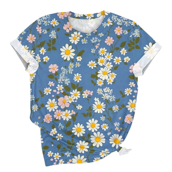 Sexlip Women's Blue Daisy Printed Short Sleeve Top Stylish Design Lightweight Material Daily Casual Wear Multicolor XXXXXL