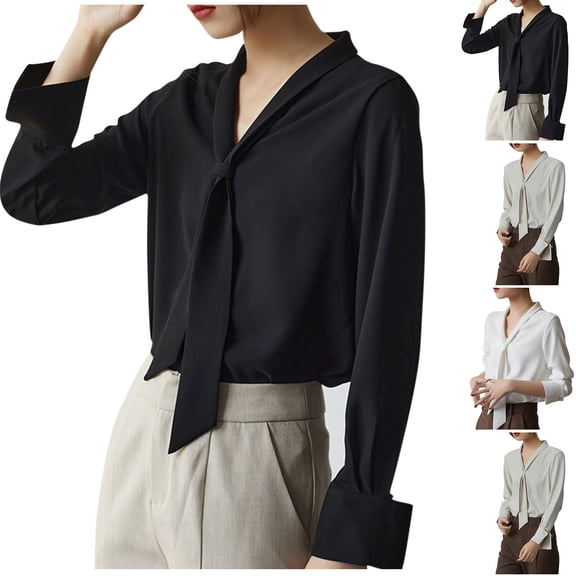 Sexlip Women's Bow Tie Neck Shirts Long Sleeve Dressy Elegant Office Work Blouse Casual Trendy Shirt Tops Fashion Blouses Beige L