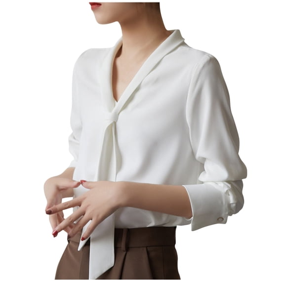 Sexlip Women's Bow Tie Neck Shirts Long Sleeve Dressy Elegant Office Work Blouse Casual Trendy Shirt Tops Fashion Blouses White L