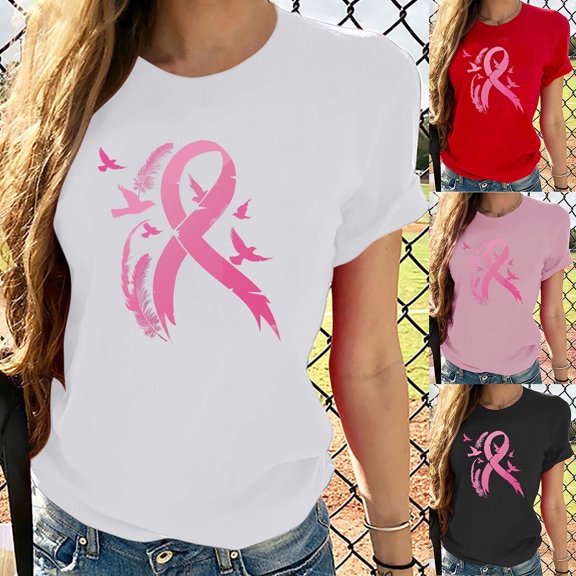 Sexlip Women's Breast Cancer Awareness T-Shirts Basic Short Sleeve Crewneck Tops Pullover Loose Pink Ribbon Tees Trendy Blouse Black L