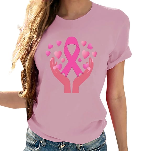 Sexlip Women's Breast Cancer Awareness T-Shirts Basic Short Sleeve Crewneck Tops Pullover Trendy Heart Print Pink Ribbon Tees Pink XXL