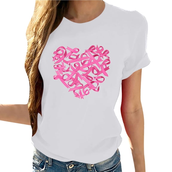 Sexlip Women's Breast Cancer Awareness T-Shirts Basic Short Sleeve Crewneck Tops Pullover Trendy Heart Print Pink Ribbon Tees White XXL