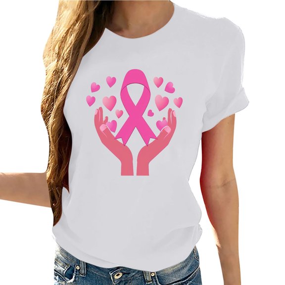 Sexlip Women's Breast Cancer Awareness T-Shirts Basic Short Sleeve Crewneck Tops Pullover Trendy Heart Print Pink Ribbon Tees White XXXL