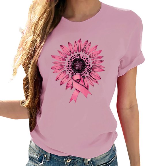 Sexlip Women's Breast Cancer Awareness T-Shirts Short Sleeve Crewneck Tops Basic Pink Ribbon Tees Pullover Trendy Sunflower Blouse Pink XXL