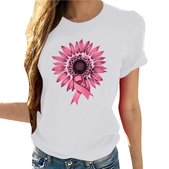 Sexlip Women's Breast Cancer Awareness T-Shirts Short Sleeve Crewneck Tops Basic Pink Ribbon Tees Pullover Trendy Sunflower Blouse White XXL