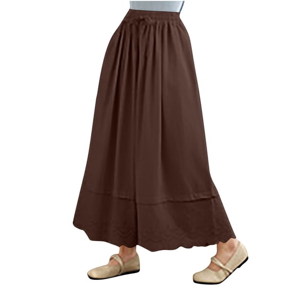Sexlip Women's Bubble Long Skirt Elastic Waist A-Line Pleated Ruffle Flowy Balloon Maxi Skirts with Pockets Brown L