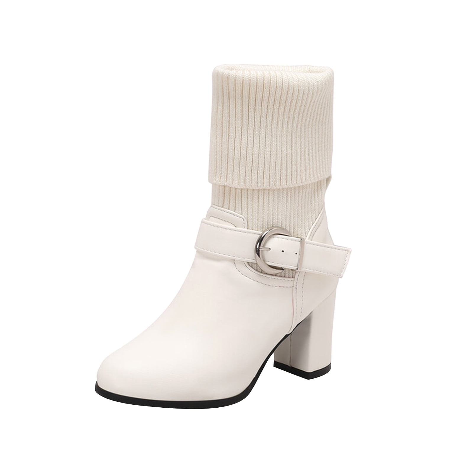 Sexlip Women's Buckle Ankle Boots Fold over Knitted Cuff Chunky Block Heel Booties Pointed Toe Warm Woolen Short Boots White 35 Sexlip Women's Buckle Ankle Boots Fold over Knitted Cuff Chunky Block Heel Booties Pointed Toe Warm Woolen Short Boots White 35