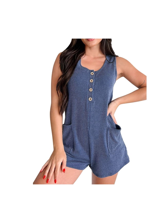 Women's Button Front Romper Shorts Pocket Design Adjustable Straps Relaxed Silhouette Daily Hangout Casual Wear Blue M