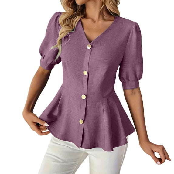 Sexlip Women's Button Front V Neck Puff Sleeve Ruched Waist Top Elegant Design Lightweight Material Daily Casual Wear Purple L