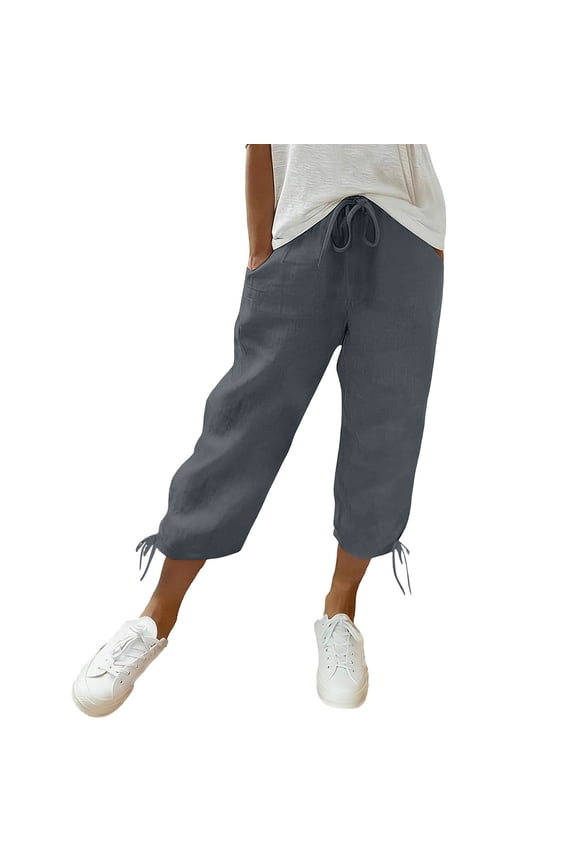 Women's Capri Pants All Season relaxed fit cotton linen cotton with pockets casual high quality soft and comfortable Gray M