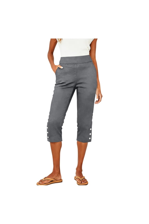 Women's Capri Pants All Season relaxed fit elastic waist button waist solid color button detail with pockets casual Gray M